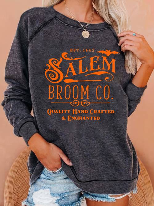item picture womens salem broom co est 1662 for halloween themed sweatshirt a long sleeve crew neck casual top featuring a witchy broom company design its comfortable and spooky making it a stylish piece for everyday wear