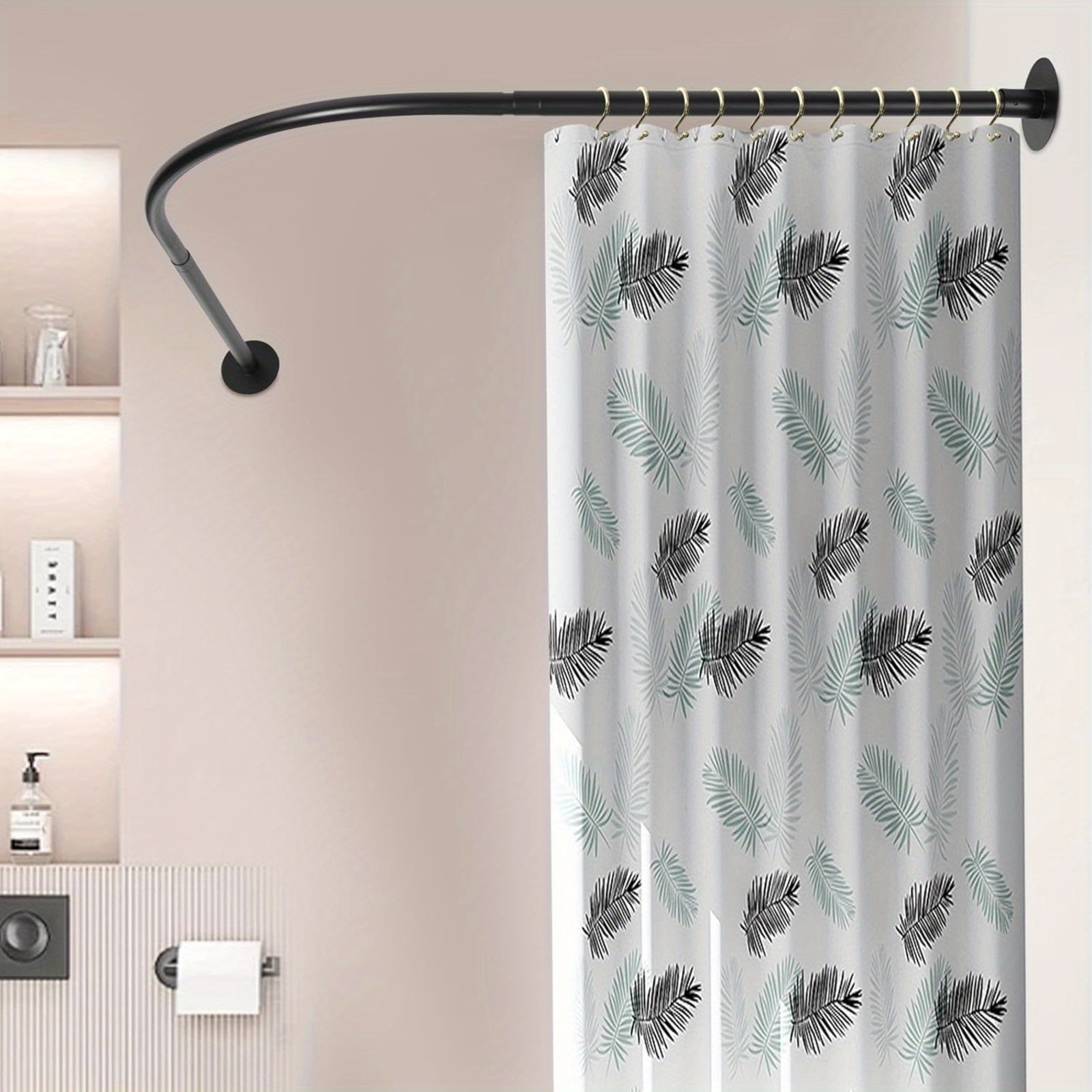 TEMU Shower Curtain Rod (90-130 X 90-130cm) Adjustable Shower Rail For Bathtub In Black - Sturdy Wall Bracket (model C) - Easy Mounting No Drilling -