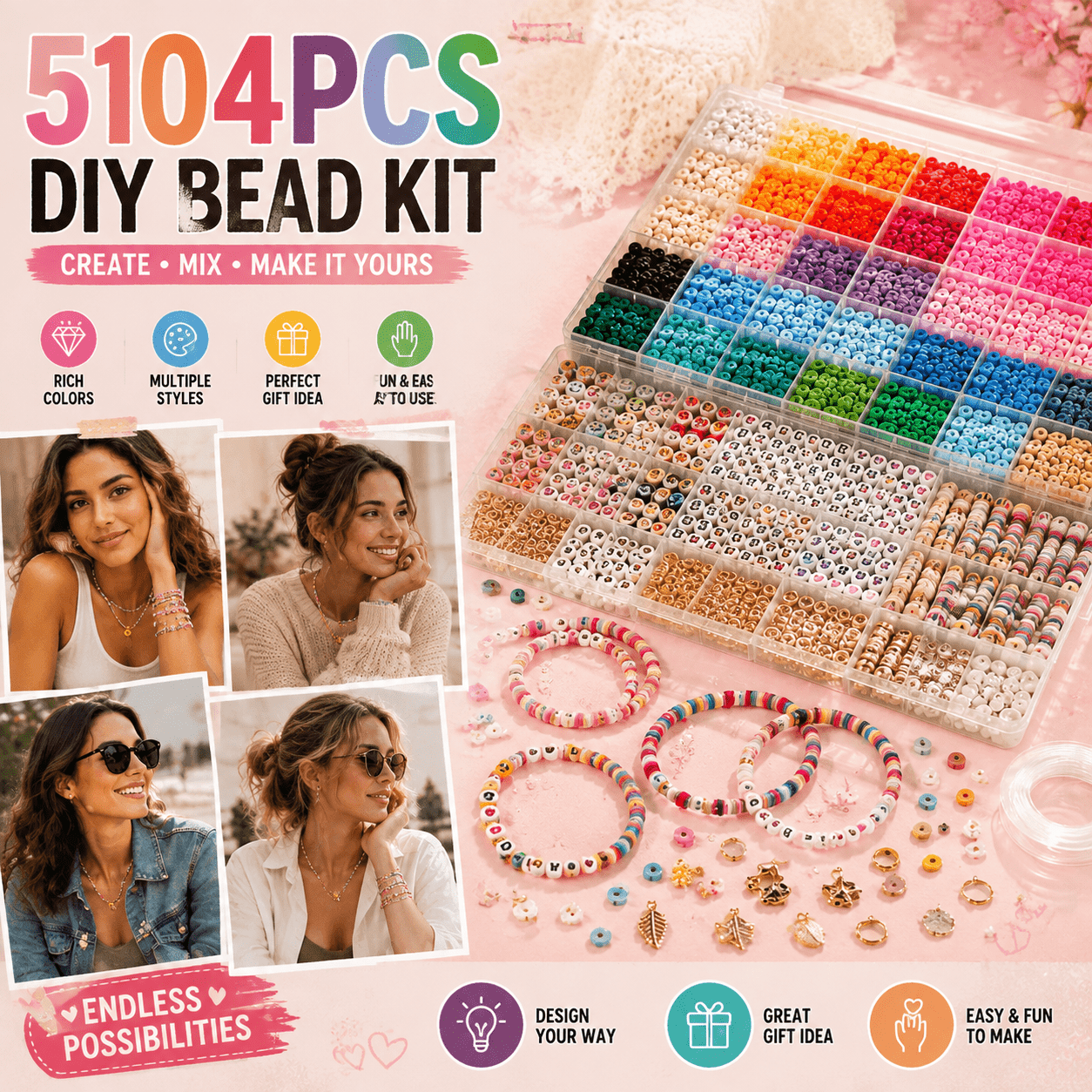 TEMU 5104pcs Diy Bead Kit For Jewelry Making, Colorful Bracelet Making Supplies With Letter Beads, Smile Beads, , Charms And Elastic String, Create
