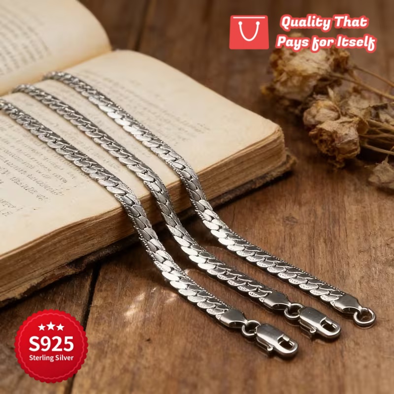 925 Silver Embossed Cuban Chain Necklace, Handmade Design