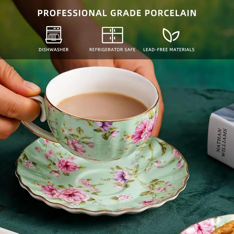 tea cup and saucers 6 4oz floral tea cups with porcelain bone china teacup coffee cappuccino espresso latte mugs for party birthday party christmas gift green Product details 2
