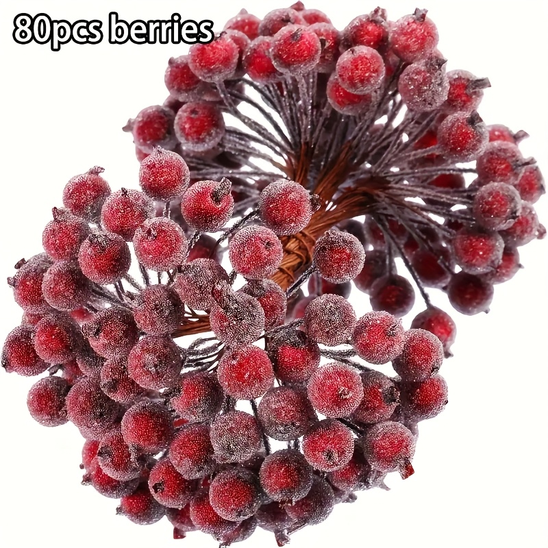80 Frosted Red Artificial Berry Stems, Mini Berry, Suitable For Christmas Trees, Wreaths, Crafts And Home Decorations
