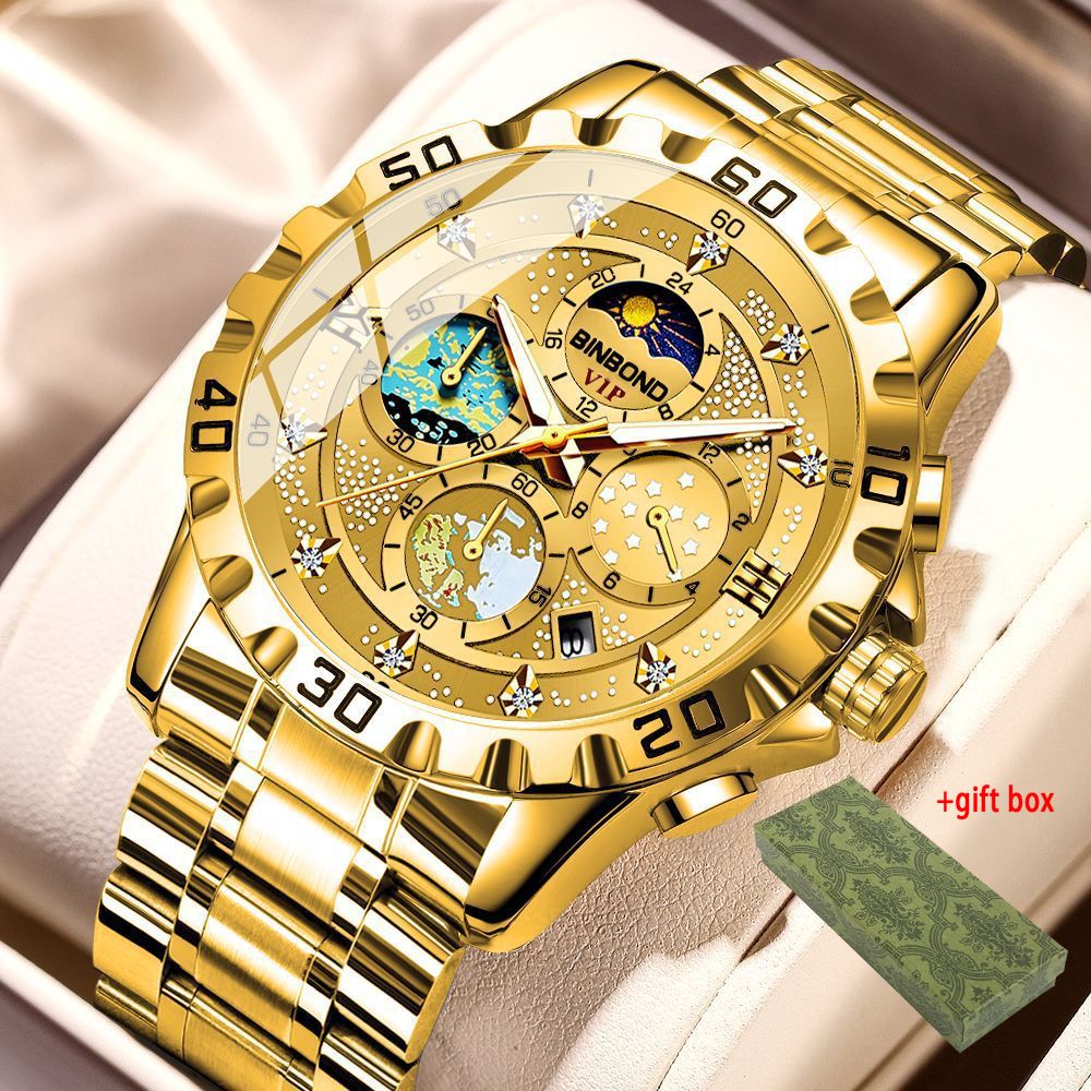 Montre Homme BINBOND de Luxe à, Triple Multifonction Unique à Six Aiguilles, Incrustée de Strass, Affichage et de…: retailer-supplied image