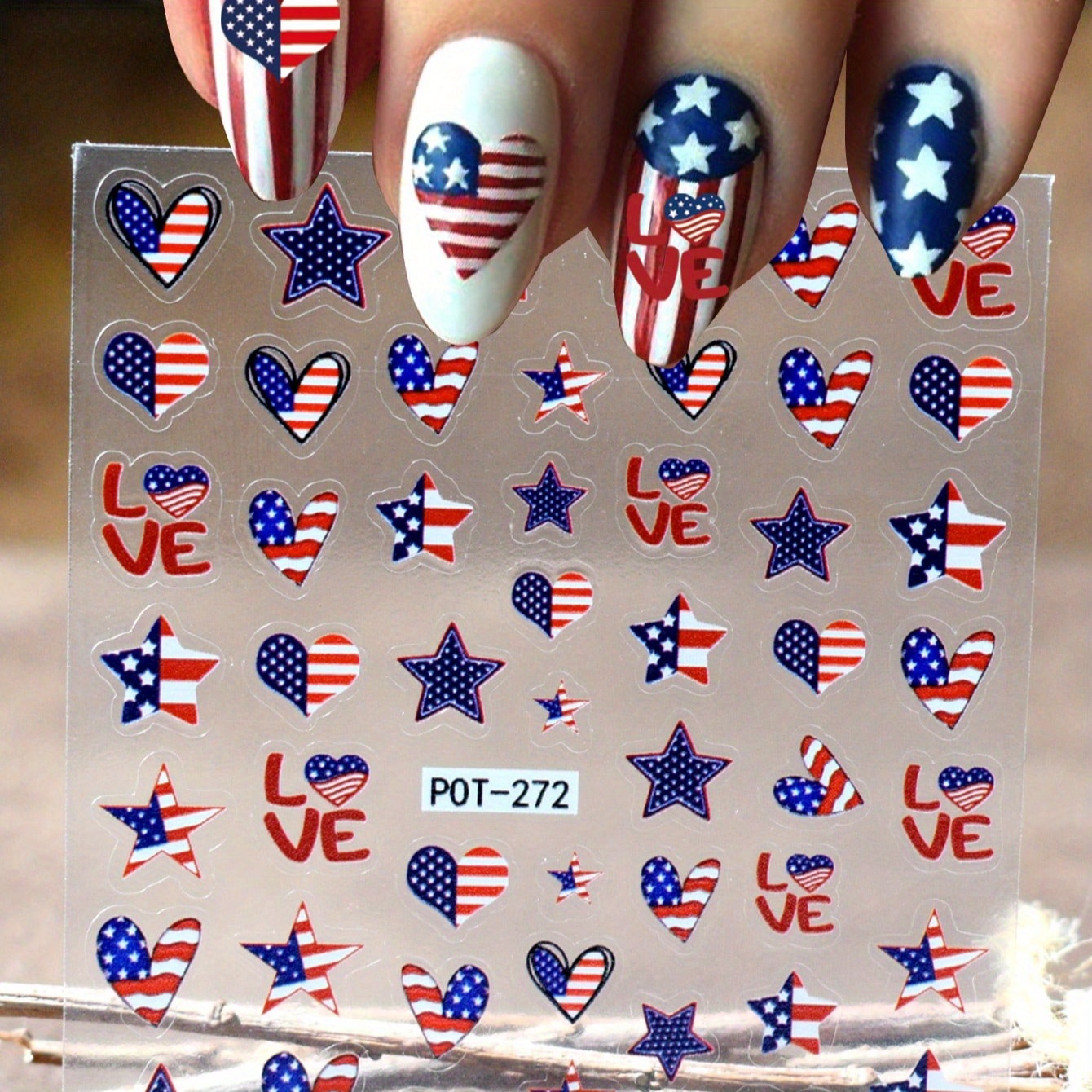 1pc Patriotic Day Nail Art Sticker - Embossed Heart & Star Designs, Self-adhesive, Single-use, Plastic Nail Decals For Diy - Red, Themes, Nail Salon Decor|american Flag Nail Art|selfadhesive Decals