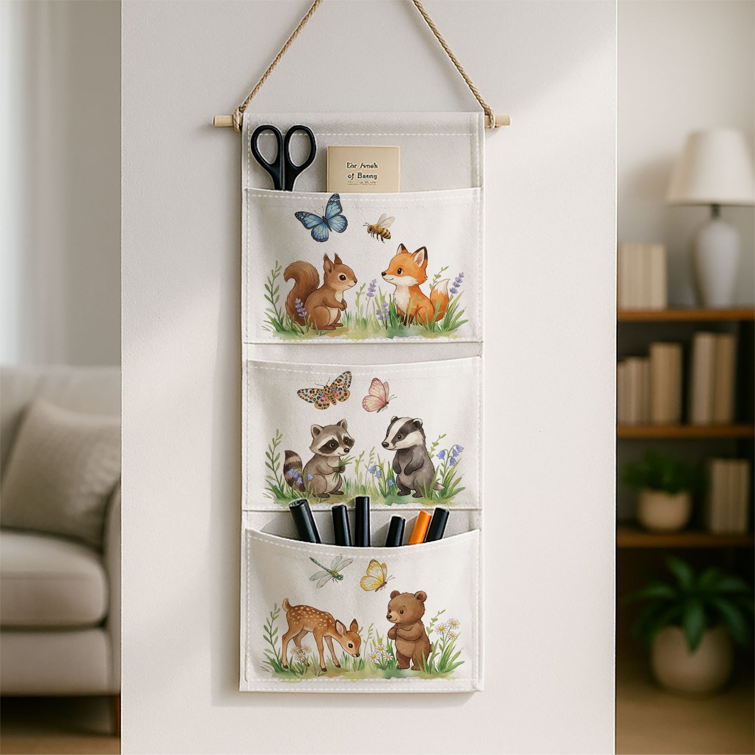 TEMU 1pc Whimsical Woodland Hanging Storage Bag With 3 Pockets, Watercolor Animal Illustrations Suitable For Bedroom, Living Room Decor,