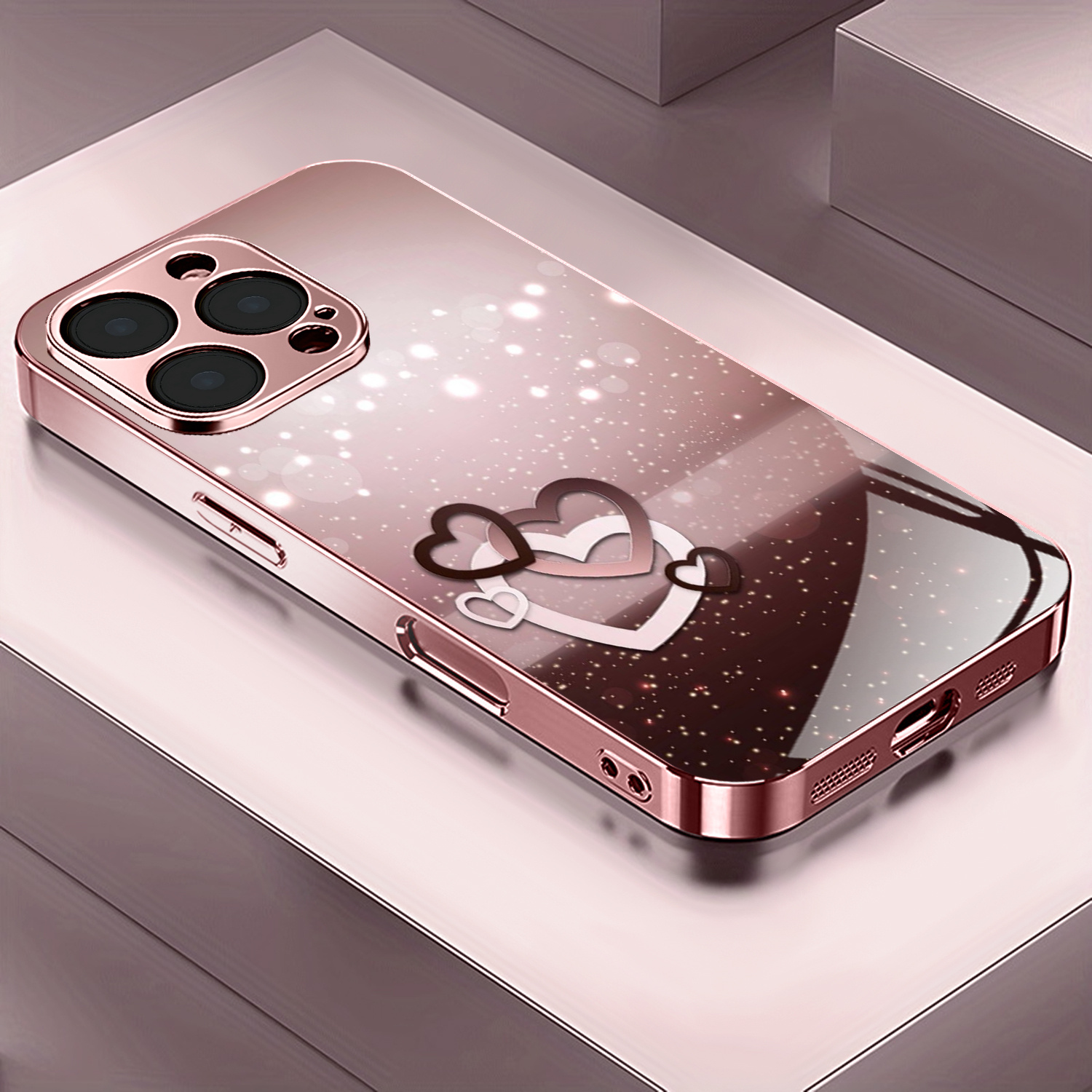 E-shop Handyhülle - Herz Muster Roségolden/Elektroplattiert Rosa Handyhülle für iPhone 17/17 Pro/17 Air/17 Pro Max/16/16 Pro/16 Plus/16 Pro Max/ Pro/15