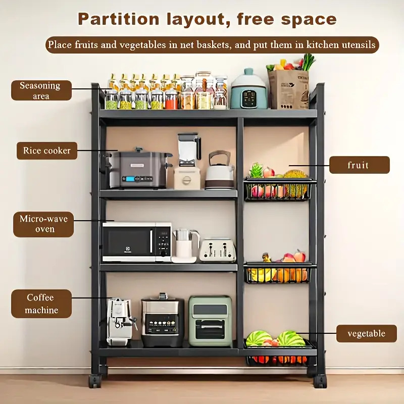 adjustable four tier heavy duty metal storage rack with three wire baskets and wheels a freestanding kitchen storage unit featuring upper and lower shelves designed to   suitable for pantries bathrooms standing shelf 9