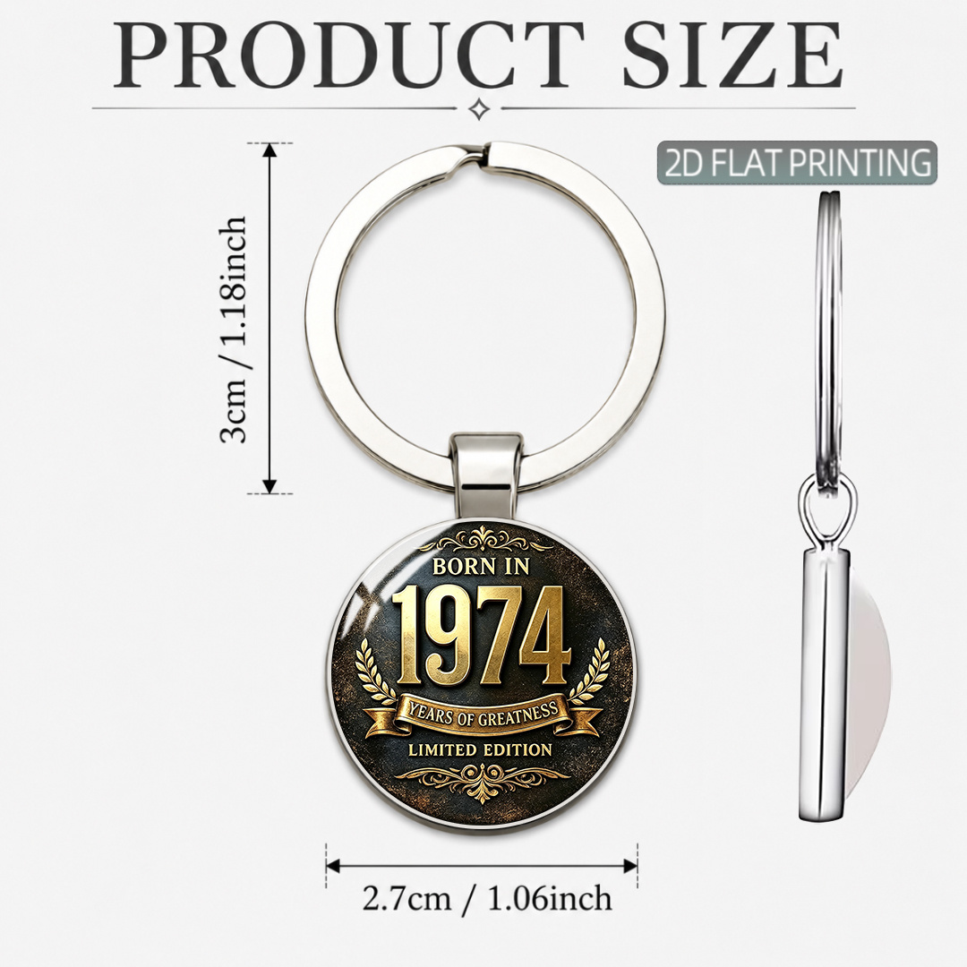 TEMU Vintage Born In 1974 Keychain, Made Of High Quality Alloy With Convex Round . Features Numbers, Black Golden Background, Decoration And Edition