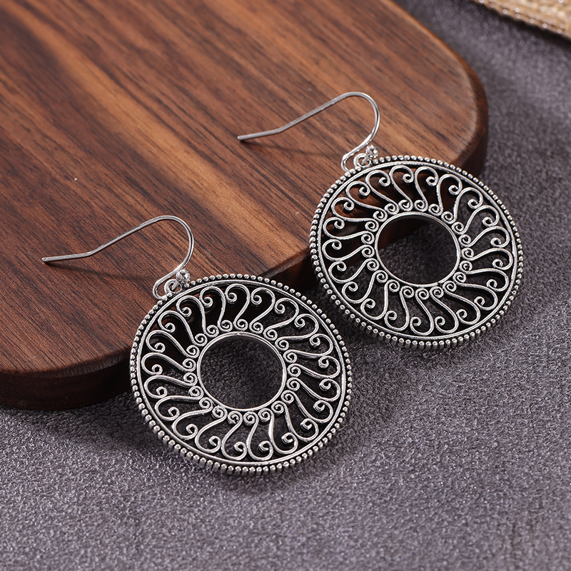 Bohemian Style Carved Circular Hollow Pendant Earrings
