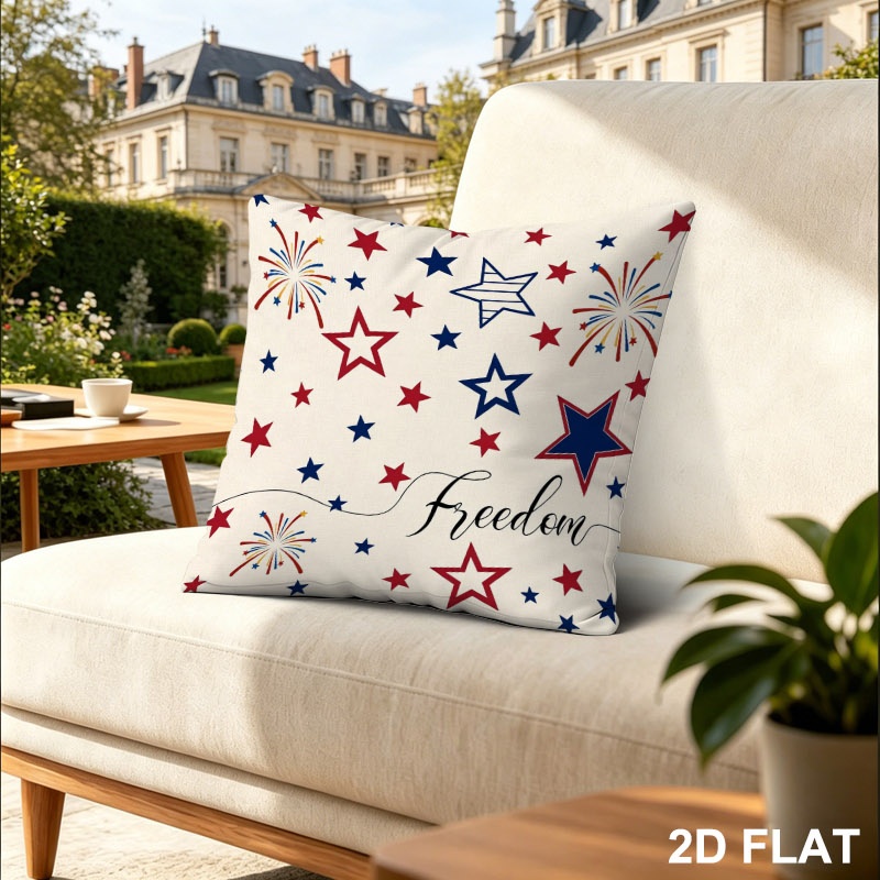 18x18 Inches Patriotic Freedom Print Patio Throw Pillow Cover, 4th of July Stars Fireworks Decorative Outdoor Pillow Case, Festive Independence Day Decor for Patio & Garden, Perfect as Thank You Gift