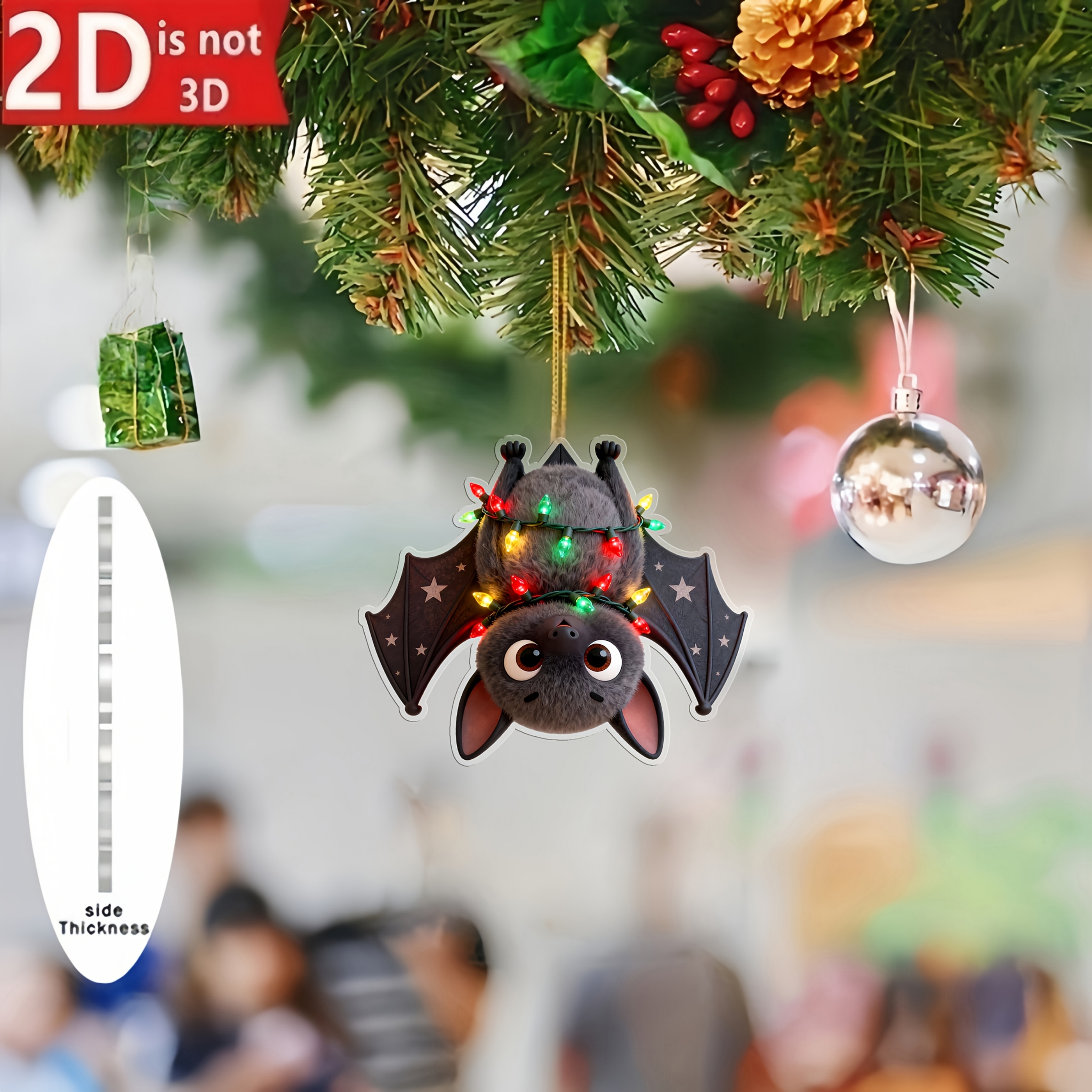 TEMU 2d Flat, 1pc Bat-themed Christmas Tree Pendant Light With Bat-shaped - 2d Flat Acrylic Hanging Ornament Suitable For Home, Outdoor, Xmas Tree