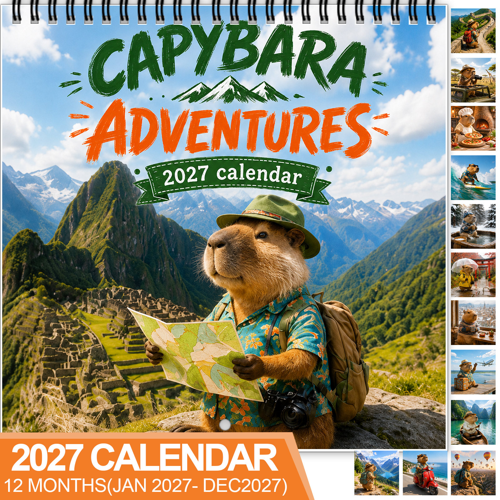 TEMU 1pc 2027 For Capybara Wall Calendar With Monthly Pages, Funny Cute Animal , Hawaiian Shirt Tropical Beach Picture, Twin-wire Hanging Design For