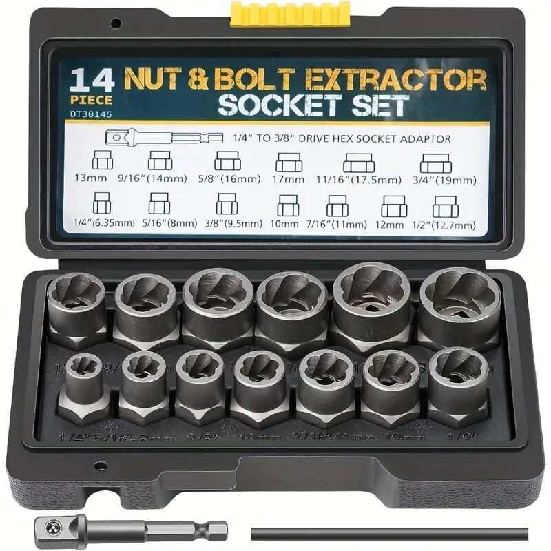 14pcs Nut And Extractor, Metal And Locking Nut Extractor, Convenient Repair Tool Kit - With Bar For Damaged, Rusted, Rounded Bolts And Nuts, Tool Kit For Home Use
