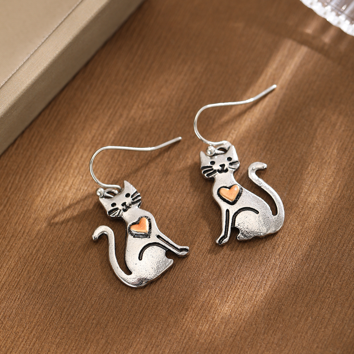 Cute Two-Color Love Heart Kitten Shaped Pendant Earrings