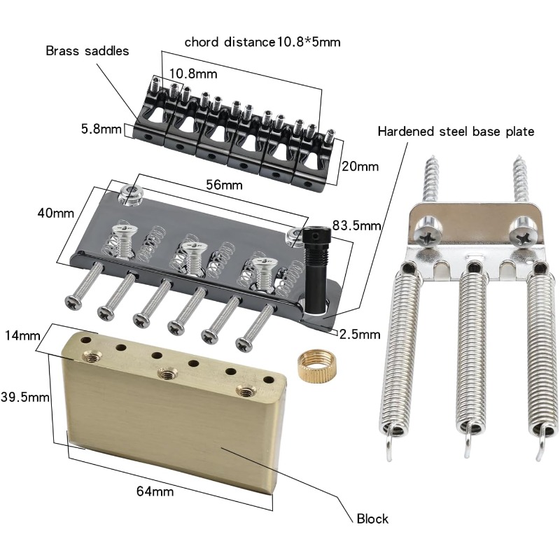 10.8mm Electric Guitar Tremolo Bridge - Heavy-Duty Stainless Steel Plate with Brass Saddles & Block, 2-Point Design, Adjustable Saddles for 6-String Guitars - Vacuum Black Finish, Guitar Pickup, Guitar Part, Bass Guitar Bridge Black