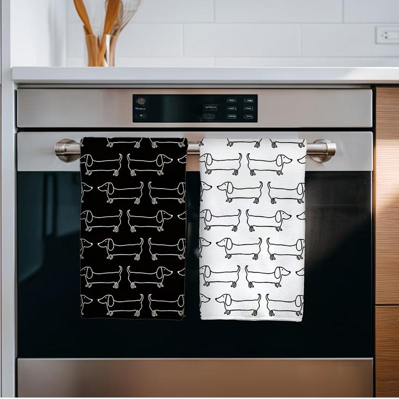 TEMU Set Of 2 Black And White Doodle Dachshund Printed Kitchen Towels, Perfect For Drying Dishes And Hands, Kitchen Decor, A Gift For Neighbors, A