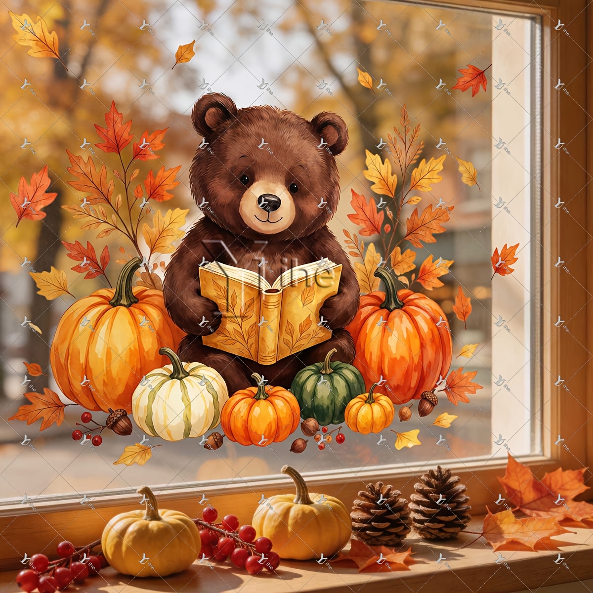 TEMU Adesivo per finestra 2D piatto, orso autunnale che legge un libro, senza colla, riutilizzabile, a tema zucca, foglia d'acero, ghianda,
