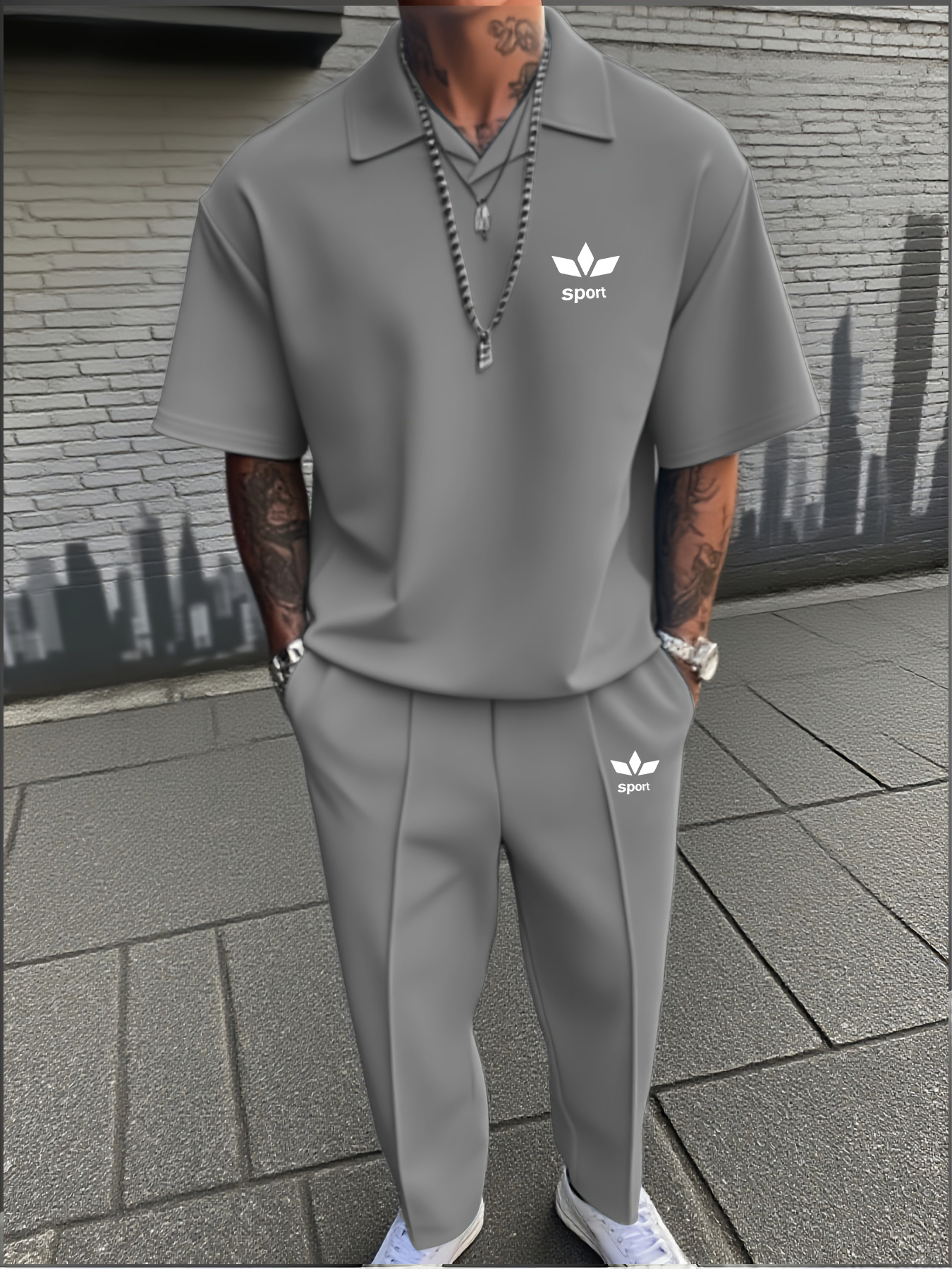 large mens spring and autumn new casual suit 2pcs set short sleeved long pants set lapel business suit commuting attire       plus size