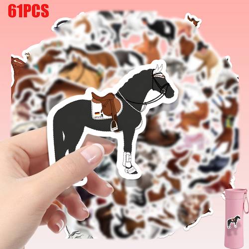 61pcs of cute cartoon style vinyl graffiti stickers featuring in poses including brown white and black horses animal themed creative decorative stickers are suitable for decorating notebooks laptops helmets