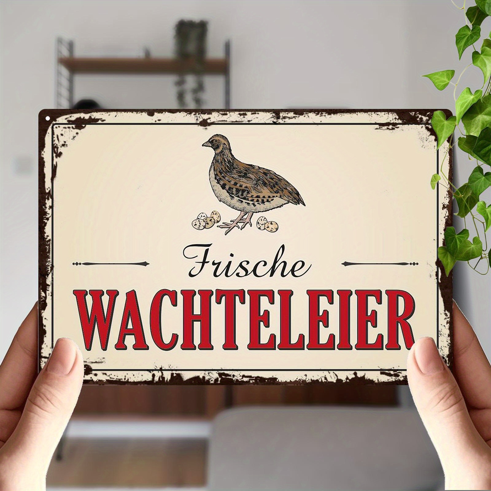 TEMU 2D Flache Aluminium-Wandkunstplakette, 1 Stück - Rustikales "Frische -Ei" mit Wachteln und Eiersilustration im Deutschen, 8x12 Zoll Rahmenloses