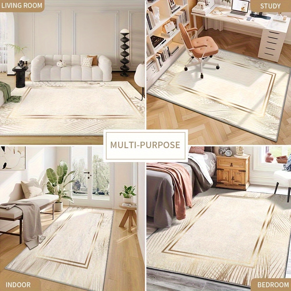 Luxurious Velvet Area Rug - Ultra-Soft, Machine Washable, Non-Slip, Featuring a Beige And Golden Geometric Design, Perfect for Decorating Living Rooms, Bedrooms, Or Offices, Office Area Mat | Modern Decorative Mat | Velvet Textured Mat