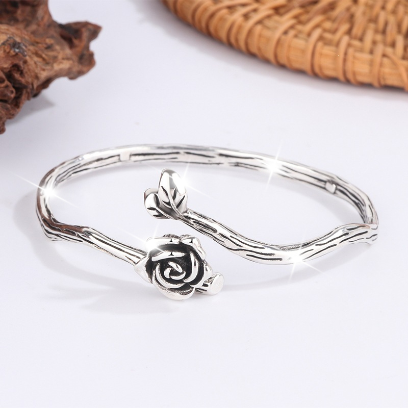 Women's Retro Distressed Rose Bracelet, Irregular Twig Bangle