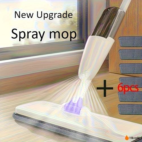 a household mop with a spray function including 6 replaceable cleaning cloths designed for 360 degree flexible cleaning suitable for living rooms bedrooms kitchens and bathrooms