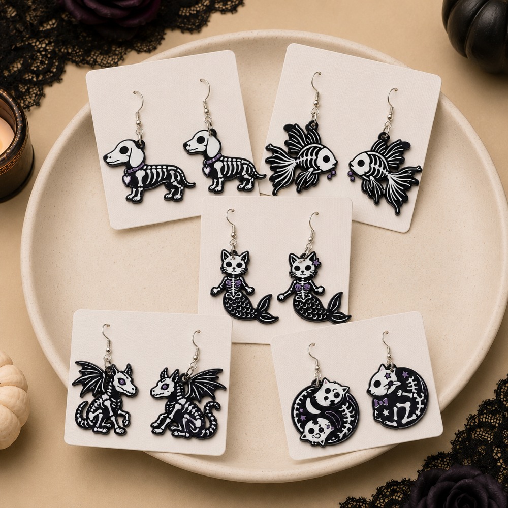 TEMU 10pcs Set, Women's Halloween-themed Acrylic Earrings Set, Featuring Cat, Dog, And Skull Gothic Designs. Suitable For Parties, Celebrations, And