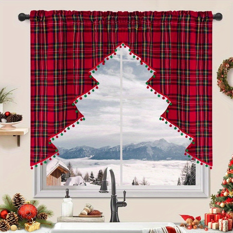TEMU Christmas Tree Shaped Curtain, Red And Fringes Embellished Plaid For Windows, Winter Christmas Decoration, Living Room Kitchen Bedroom
