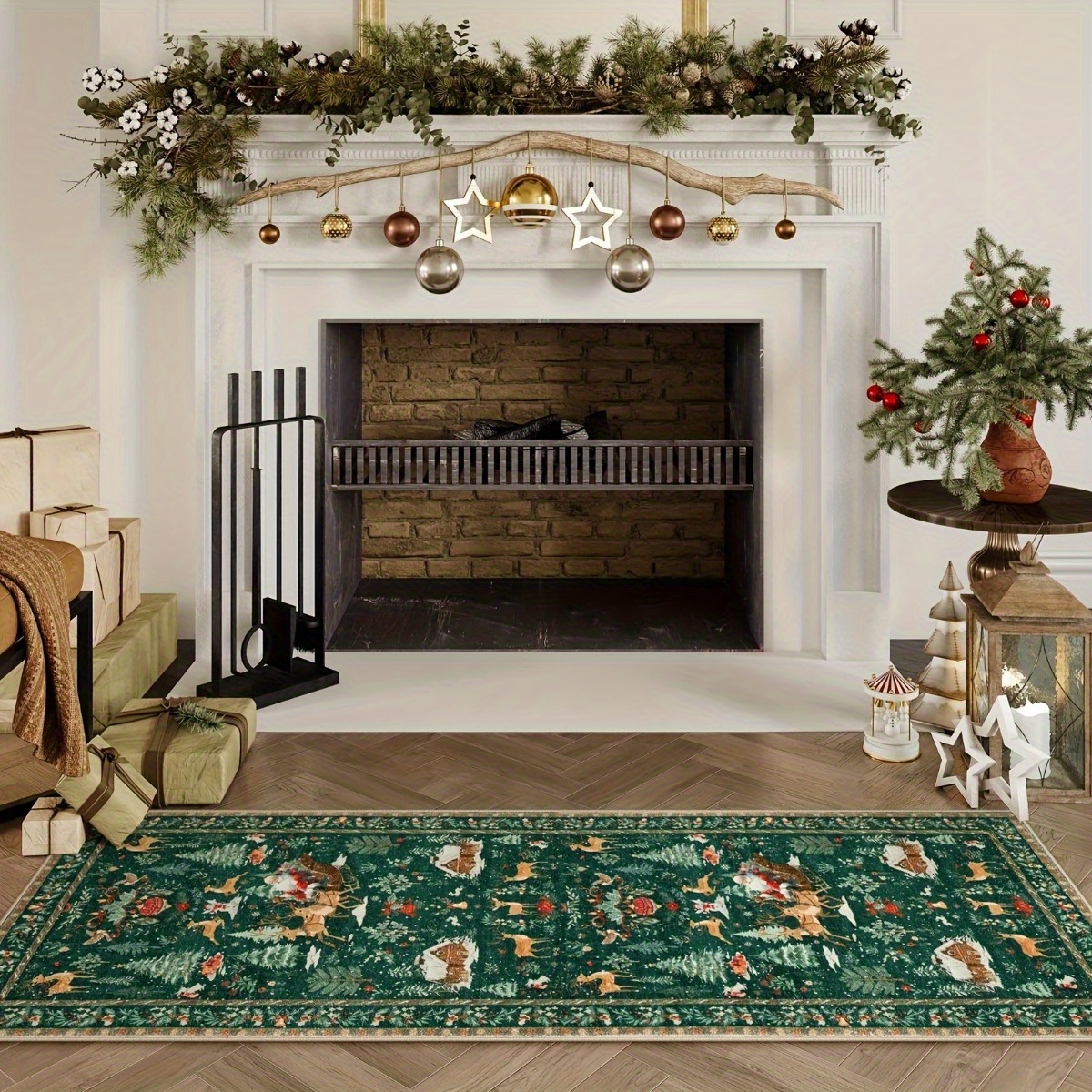 TEMU A Christmas Reindeer Patterned Long Rug, Featuring A Bohemian Style, Easy To Clean, Foldable Indoor Printed Mat, Soft And Durable, Machine