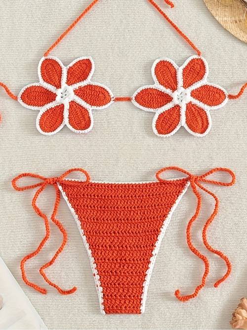 26SS -Summer Trendy Handmade Crocheted Floral Niche High-End Split Bikini Set with Beach Vacation and