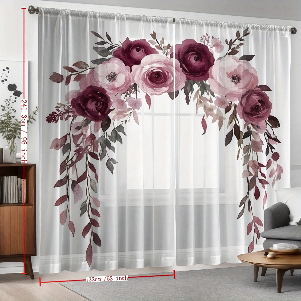 TEMU 2pcs Elegant Floral Window Curtains - Semi-sheer Window Drapes With Pink Purple Roses, Lightweight Polyester Window Treatments For Living Room,