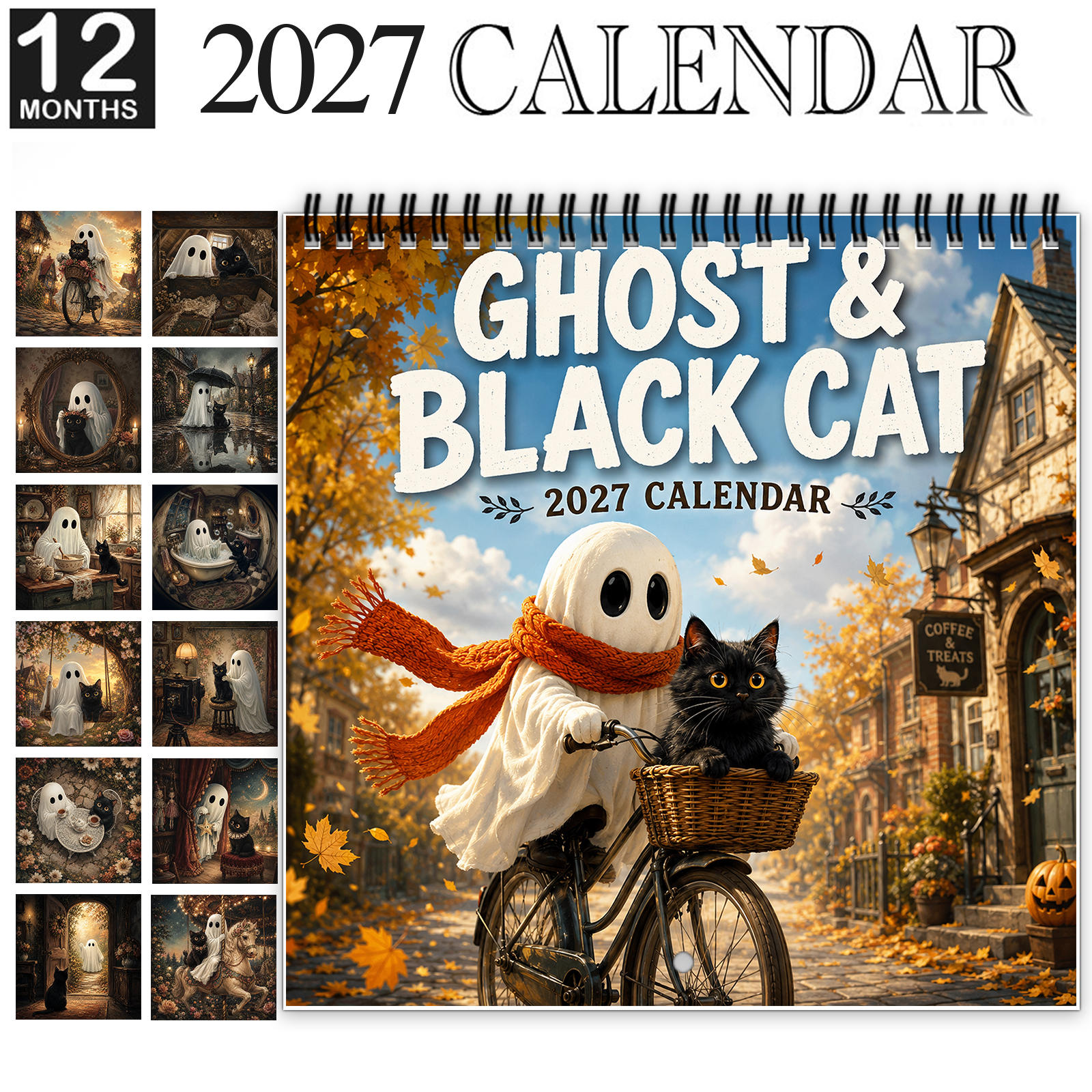 TEMU 1pc 2027 Cute And Black Cat Wall Calendar, Spiral-bound 12-month Calendar With Large Date Blocks, Features Whimsical , Black Cats, Pumpkins And