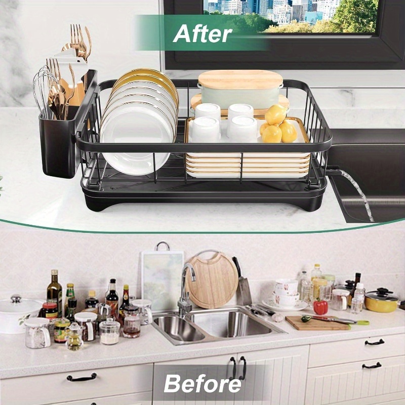 large capacity single tier dish drying rack with utensil holder & cutlery tray - space-saving countertop organizer,   kitchen counter dish drainer for plates, bowls, cups, utensils -   for small kitchens, dish drying rack for kitchen counter, utensil storage, modern kitchenware, sturdy construction, home cooks, food safety, small spaces, families, cooking enthusiasts Product details 5