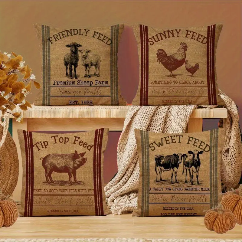 4 pack farm animal throw pillow covers double sided rustic farmhouse decor with zipper closure machine washable polyester cushion covers for sofa living room bedroom pillow inserts not included pillows for living room Product details 0