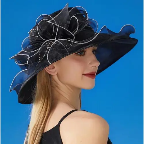 elegant womens wide brim sun hat with large flower organza detail breathable polyester