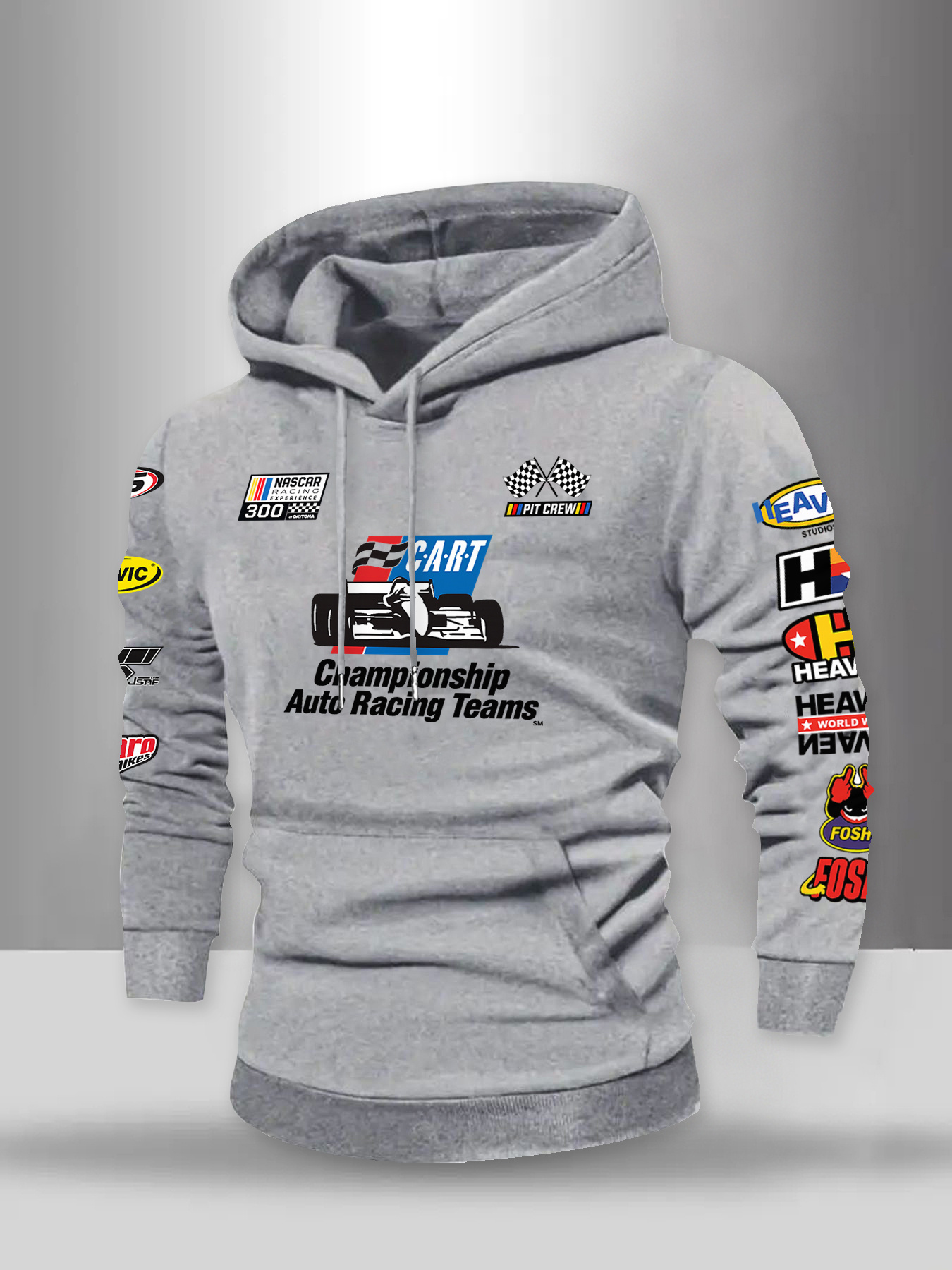 Nieuw, veelkleurig sweatshirt met race-thema en trendy patroon voor heren