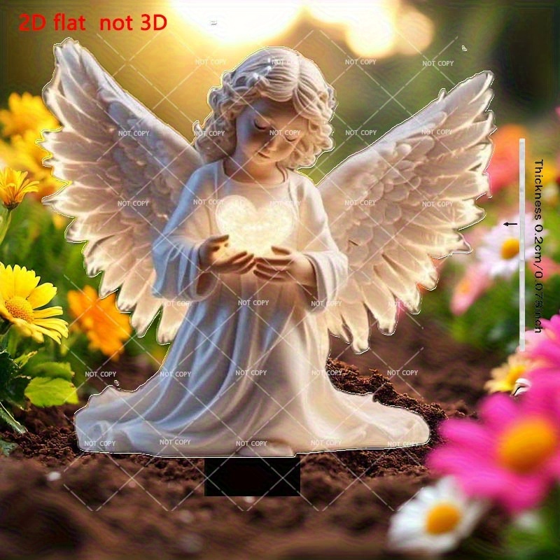 2d Flat, 2d Flat Light-up Bohemian Angel With Heart-shaped Lamp Garden Plaque- No Battery Needed Cemetery Memorial Decoration, Suitable For Easter,, 2d Flat