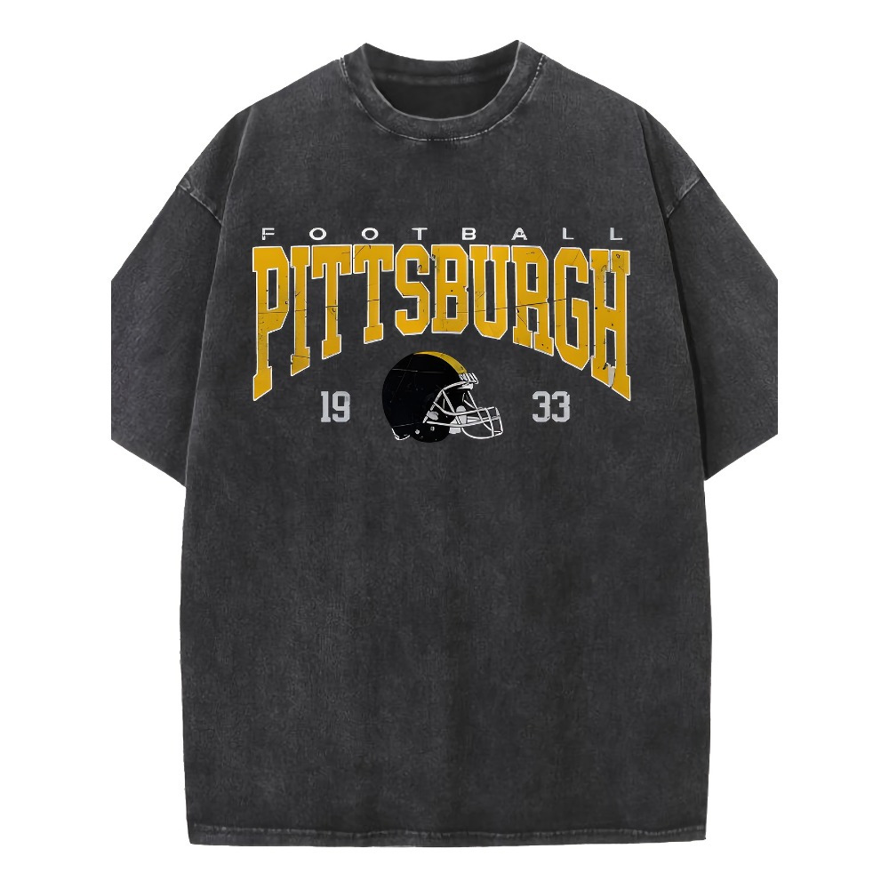 

Pittsburgh Football Crew Neck T-shirt Casual Cotton Knit Fabric Geometric Pattern Digital Heat Transfer Print Short Sleeve Regular Fit Pullover For Adults 220g/m2