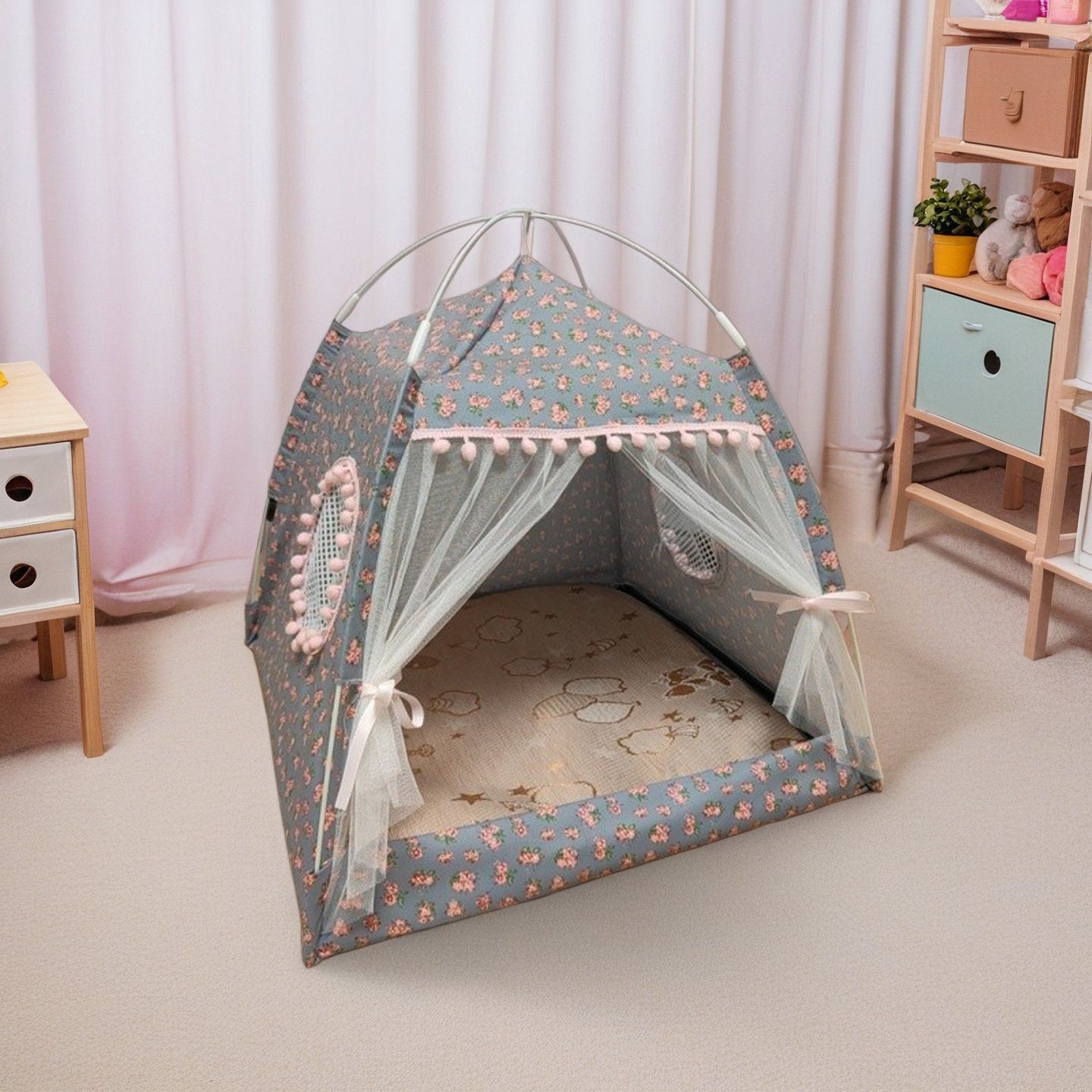 TEMU Semi-enclosed Pet Floral Tent Bed, Cute Cooling Pet Bed, Comfortable Cat Bed
