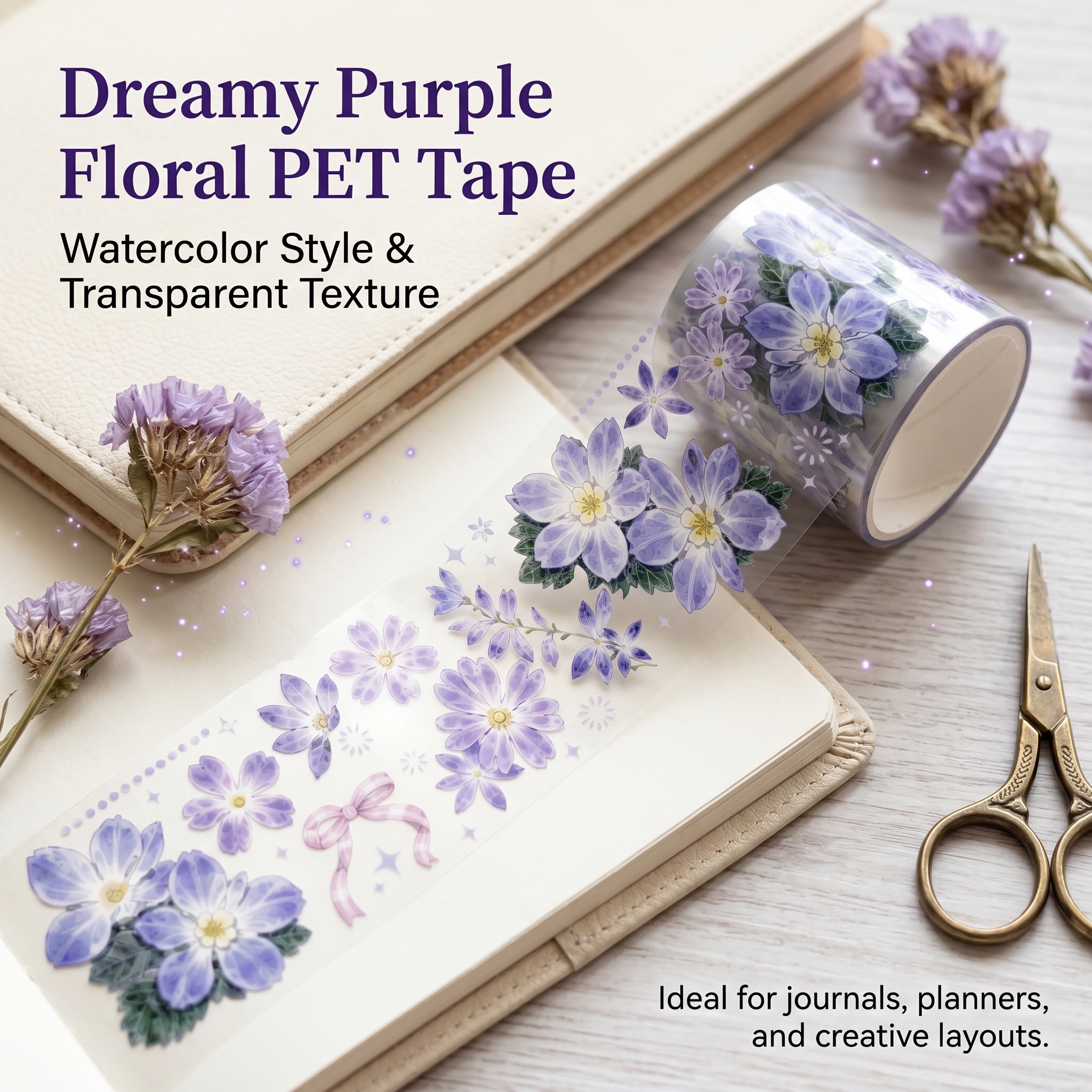 TEMU 1 Roll Purple Floral Transparent Pet Tape, Decorative Washi Tape With Watercolor Flowers And Pink Bow Accents, 2m Tape For Journaling