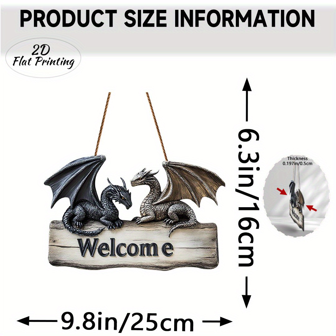 TEMU 2D, Letrero de Bienvenida de Gótico 2D - 6.3"x9.8" Decoración de Pared de Madera Sintética, Diseño de Dos Dragones , Decoración de de Fantasía,