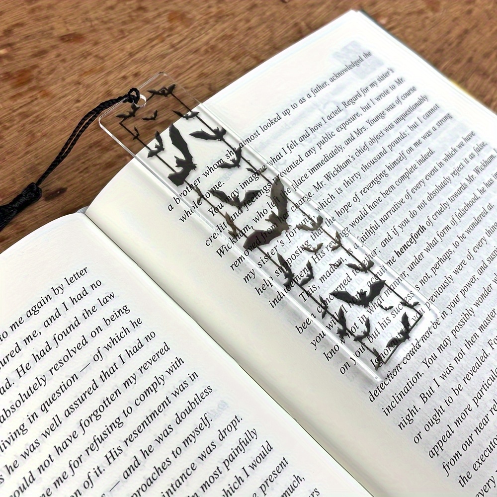 Image of Transparent Acrylic Bat Bookmark With Black Tassel - Bat-shaped Book Page Marker Suitable For Books, -readers, Journals, Gifts For Readers, Office & Supplies, Bat-themed Bookmark Decoration