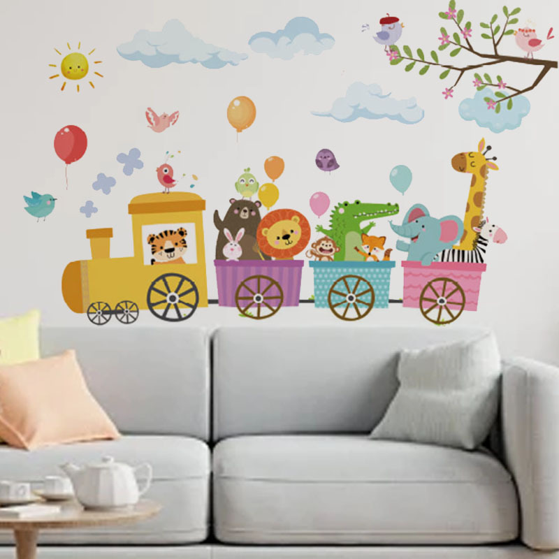Autocollant mural train d'animaux ballon nuage, décoratif pour salon, salle à manger, salle de bain, chambre, autocollant mural amovible en PVC