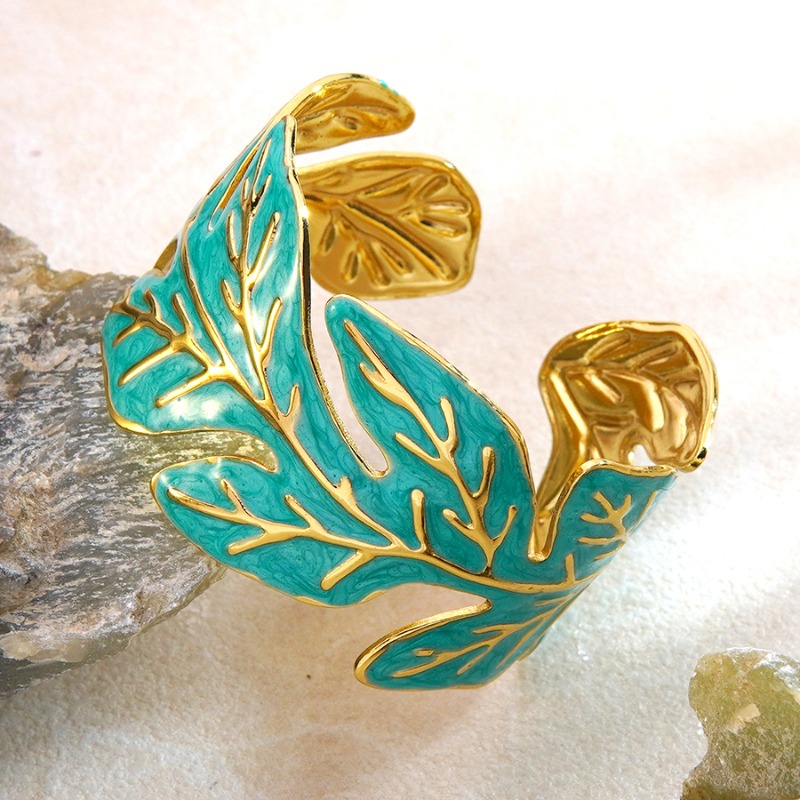TEMU Pulsera tipo brazalete para mujer, acero inoxidable esmaltado, diseño de de lujo con forma de hoja de caparazón de , pulsera de abierto para