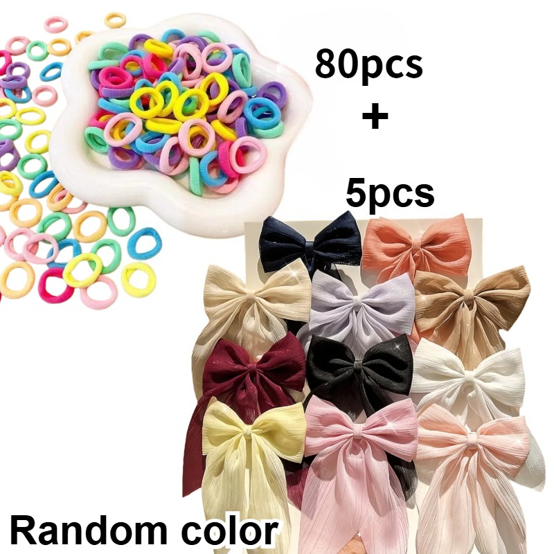 TEMU 85pcs (random Color) Women's Dress-up Hair Additions, Including 5pcs Large Bow Hair Clips And 80pcs Elastic Hair Bands, Women's Wedding Hair