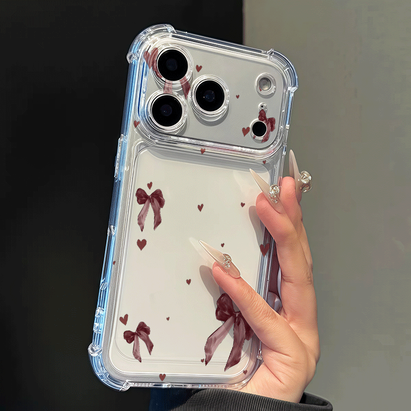 TEMU Phone Case - 2d Printed Burgundy Bow Heart Pattern Artistic Individual Anti-drop Transparent Phone Case For Iphone