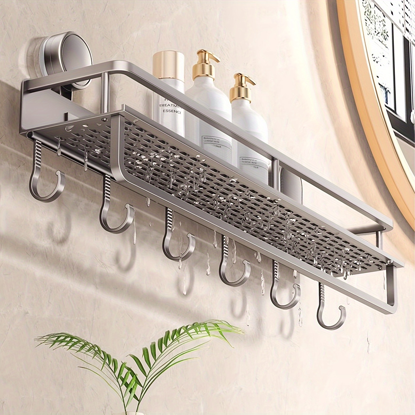 item picture   suction cup shower caddy strong   wall mounted organizer for shampoo soap durable space saving shelf with towel holder   heavy duty floating shelve for bathroom accessories