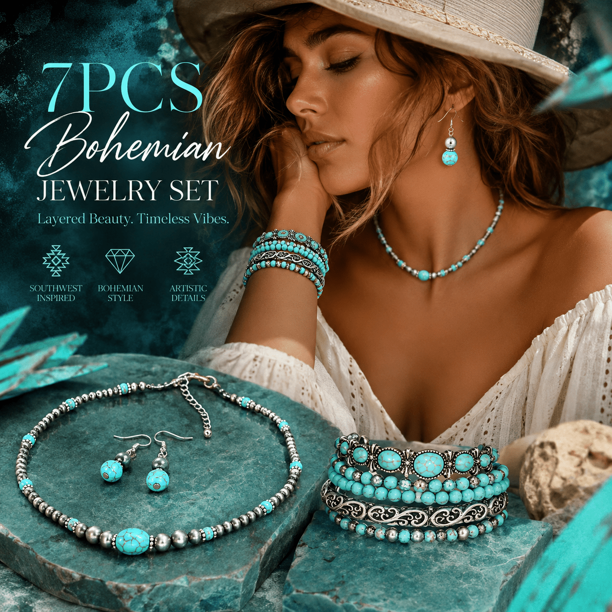 TEMU 7pcs Women's Boho-chic Jewelry Set, Vintage Statement Necklace, Dangle Earrings And Stackable Bracelets Collection With Southwestern Inspired