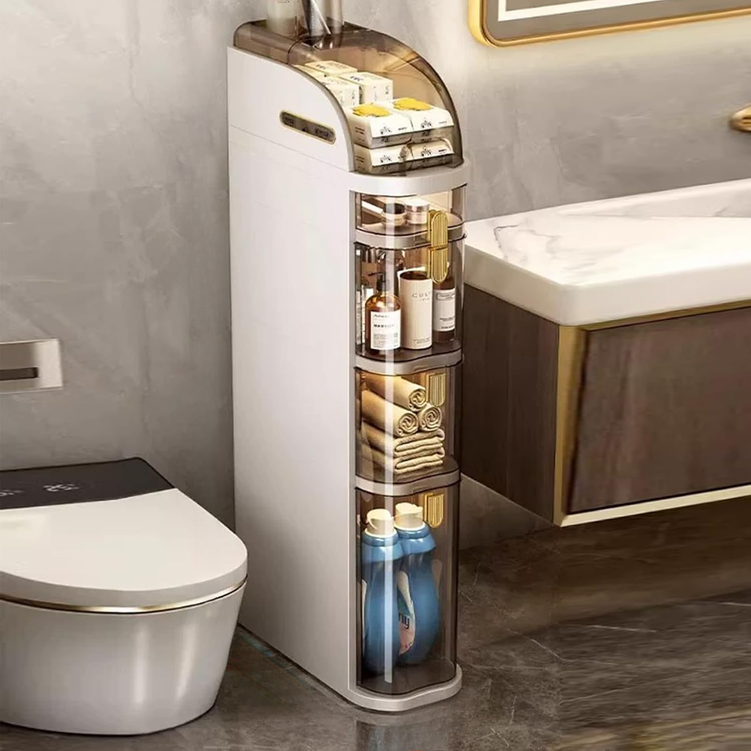 E-shop 4-stöckiger schmaler Badezimmer-Aufbewahrungsschrank 7,1″ schlanker Badezimmer-Boden-Organizer mit Schubladen und Taschentuchbox, wasserdichter,